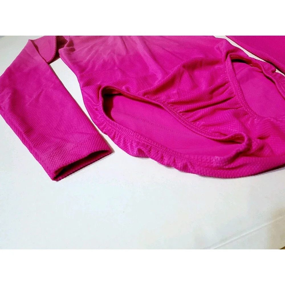 GK Elite VTG 90s AS Bright Pink Waffle Leotard Stretch Long Sleeve NWT Adult S